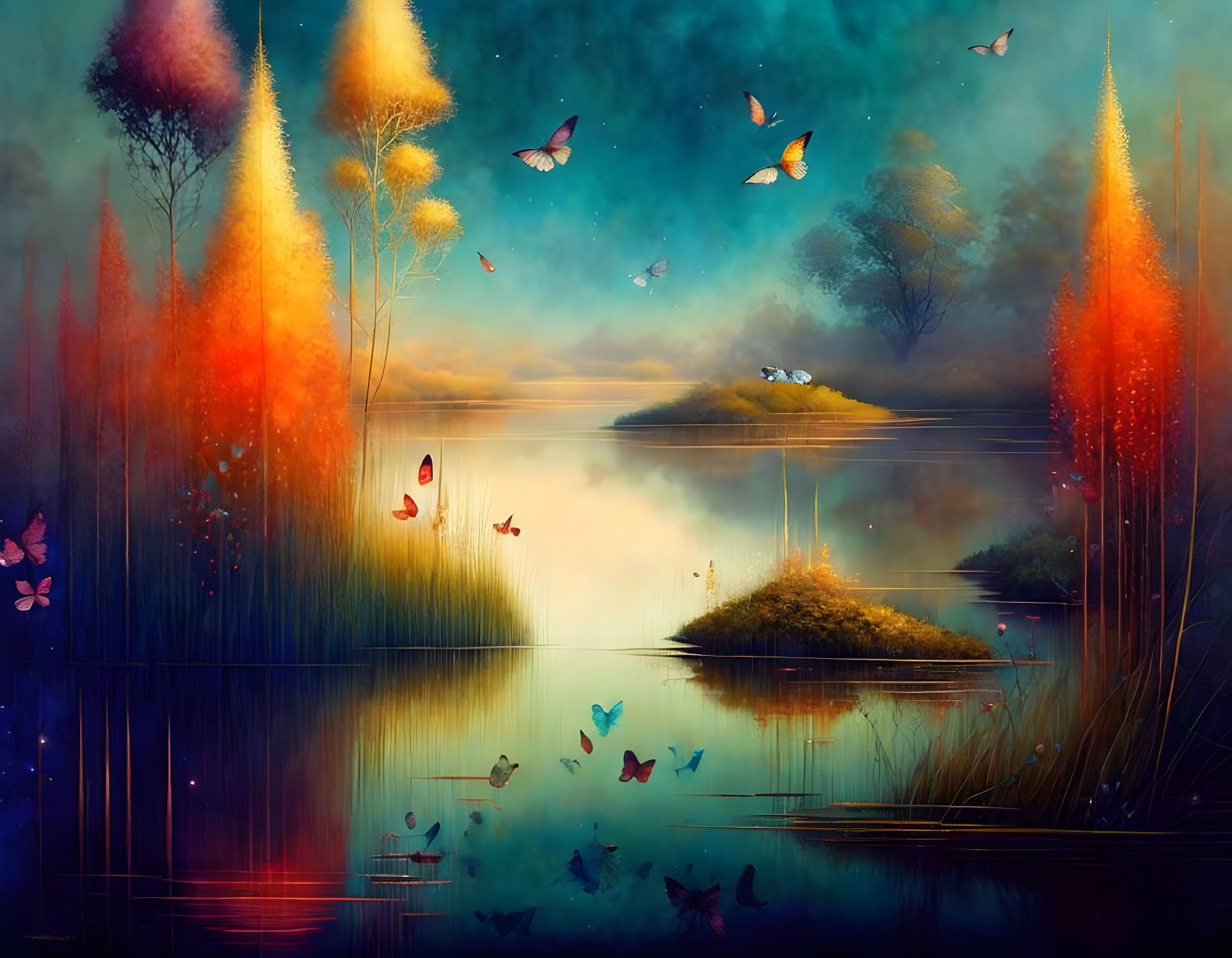 Tranquil landscape with butterflies, reflective water, and misty twilight