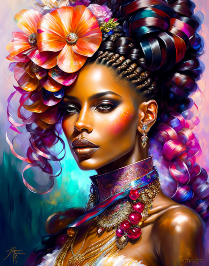 Colorful Portrait of Woman with Braided Hair & Floral Accessories