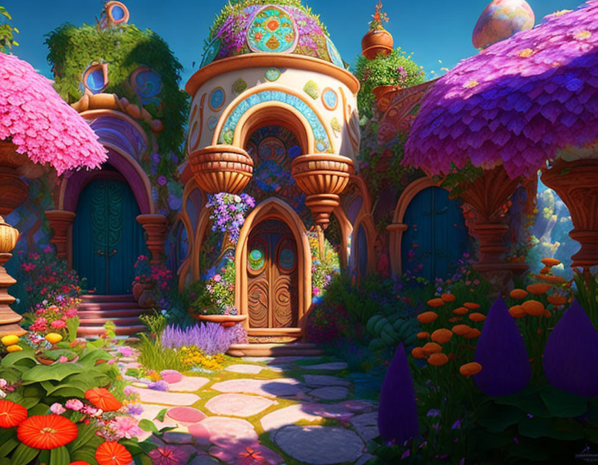 Colorful Flora and Whimsical Houses in Fantasy Garden