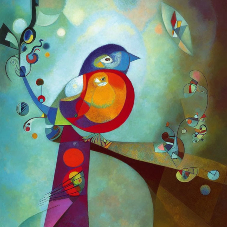 Vibrant bird painting with abstract shapes on whimsical background