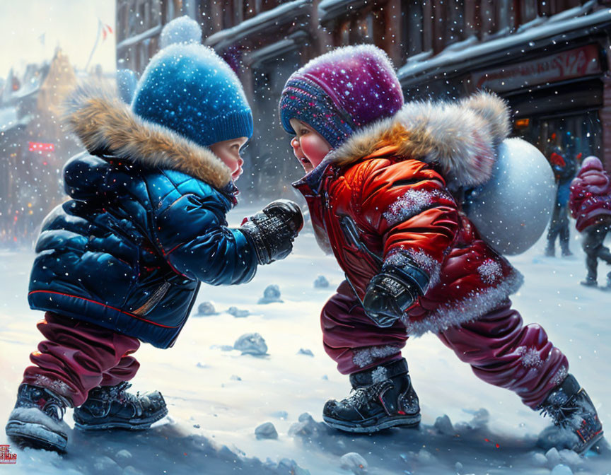 Children in winter clothing with falling snow in city street scene