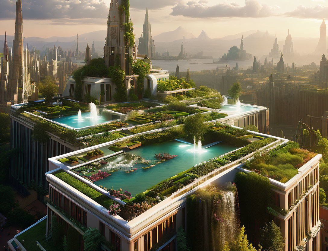 Sunset futuristic cityscape with rooftop gardens, waterfalls, and nature-inspired architecture