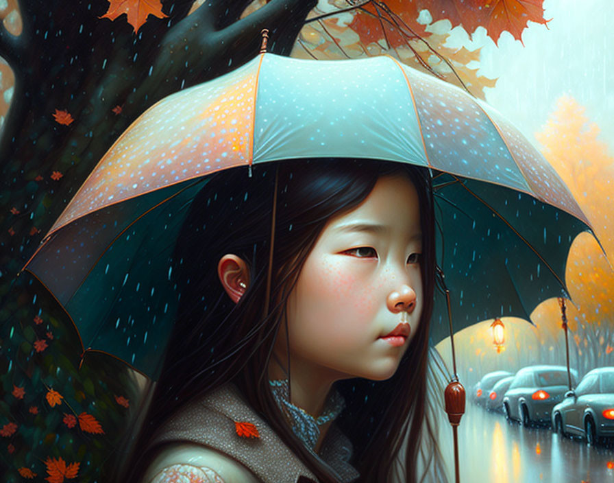 Young girl with umbrella in autumn rain scene with falling leaves and passing cars