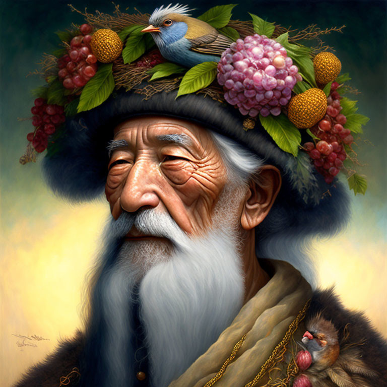 Serene elderly man with wreath of berries and bird perched on head