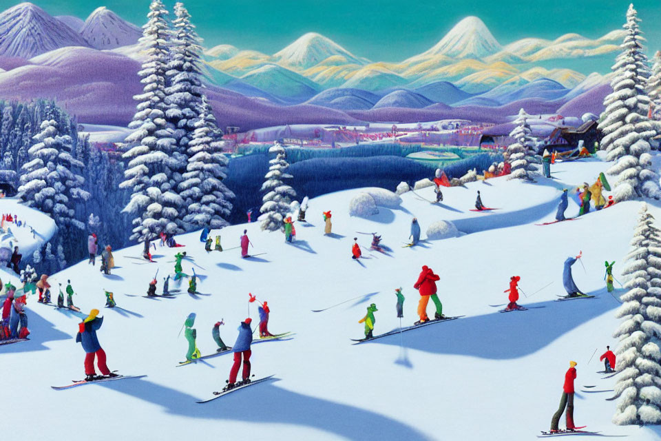 Vibrant skiers on snowy slopes with mountain backdrop