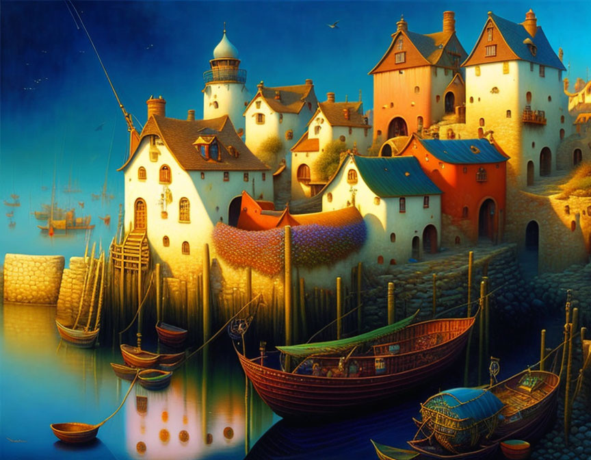 Colorful Cottages and Lighthouse in Fantasy Harbor Scene