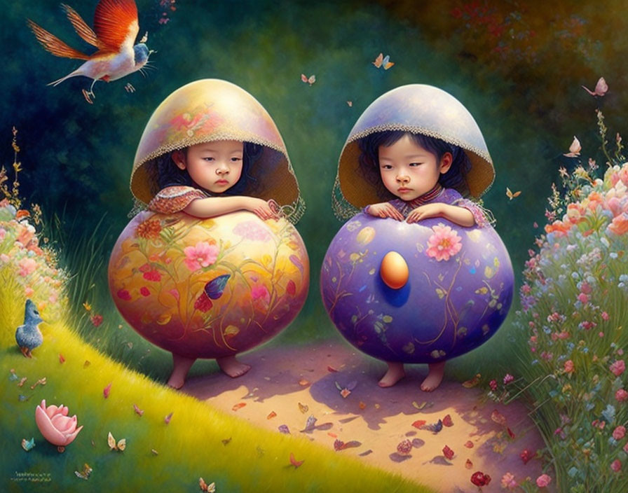 Children in oversized eggshells in vibrant garden with animals