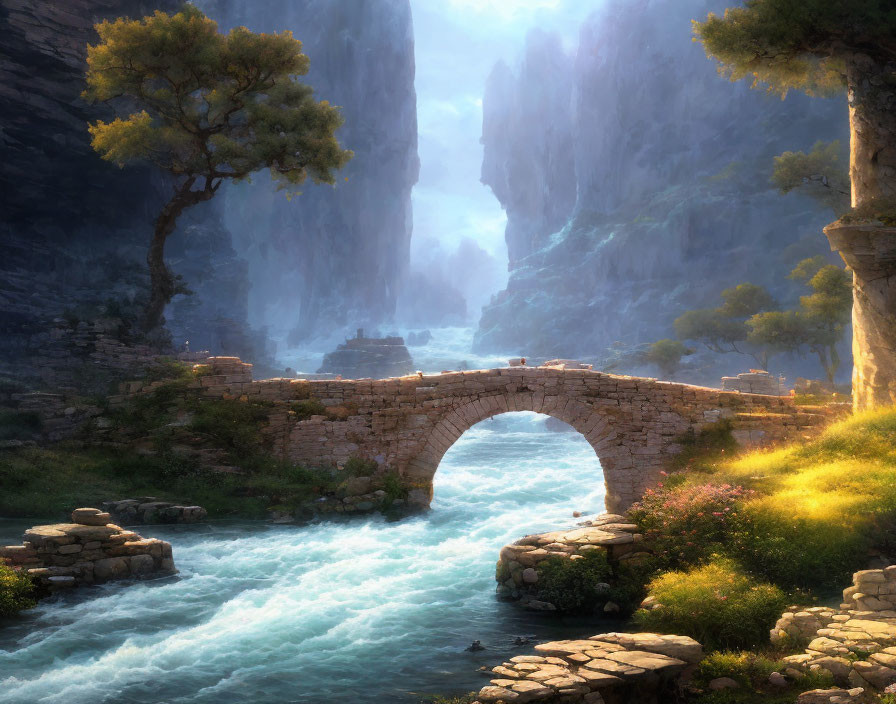 Tranquil fantasy landscape with stone bridge, river, cliffs, vegetation, and ancient ruins.