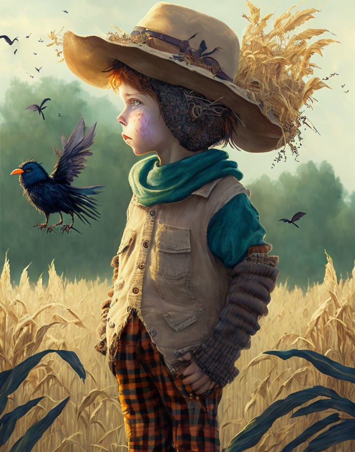 Child dressed as scarecrow in magical autumn cornfield with flying birds.