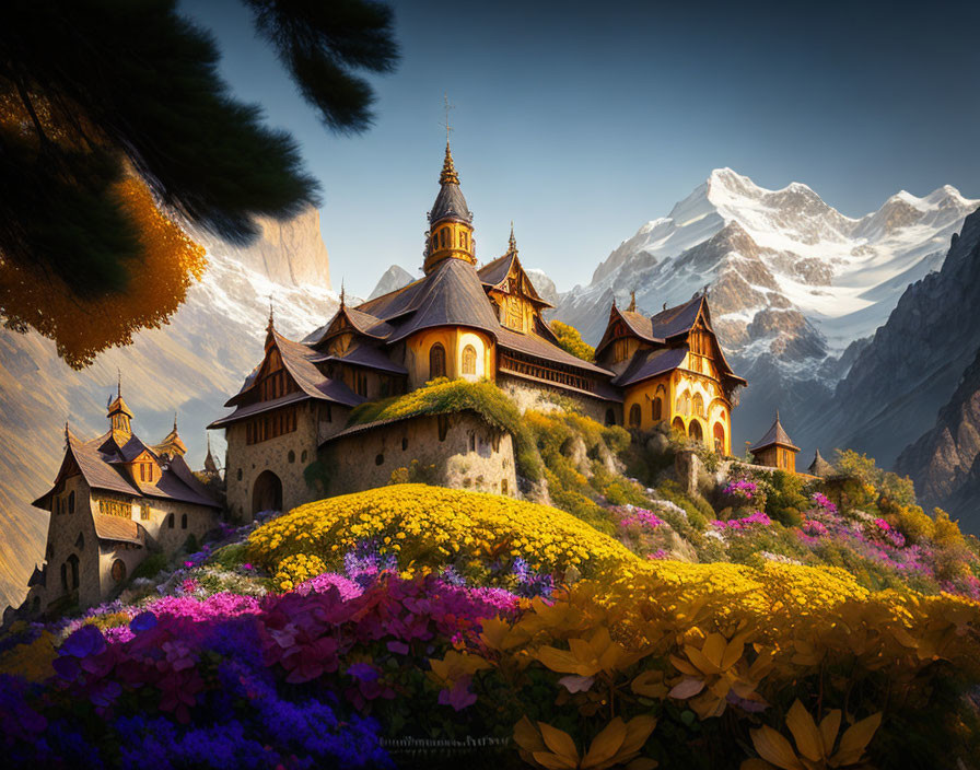 Fantasy castle on lush hill with vibrant flowers and snow-capped mountains