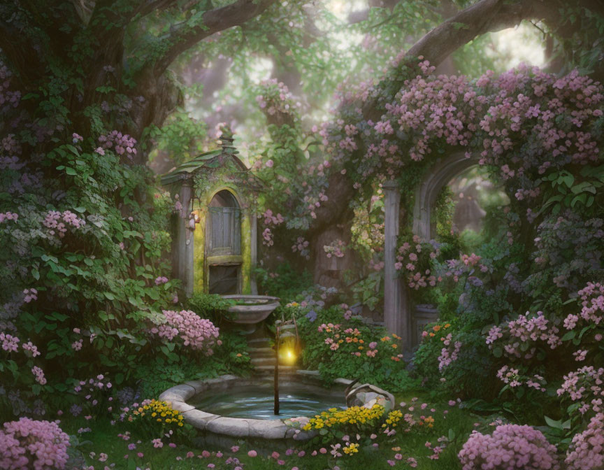 Stone fountain, lantern, flowers, ivy archways in mystical forest ambiance