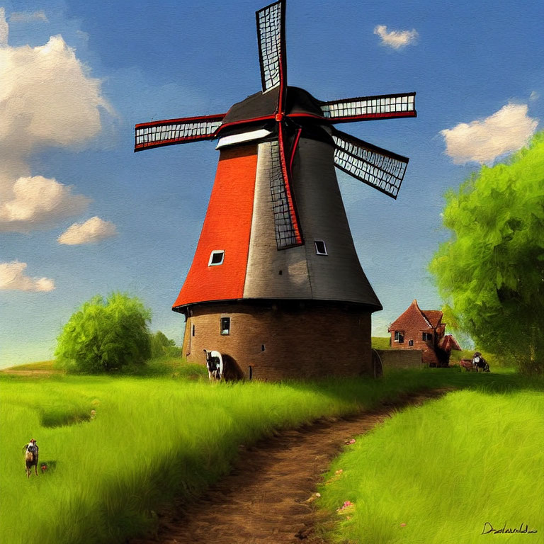 Traditional windmill painting with red blades in bucolic setting: cow, dirt path, dog,