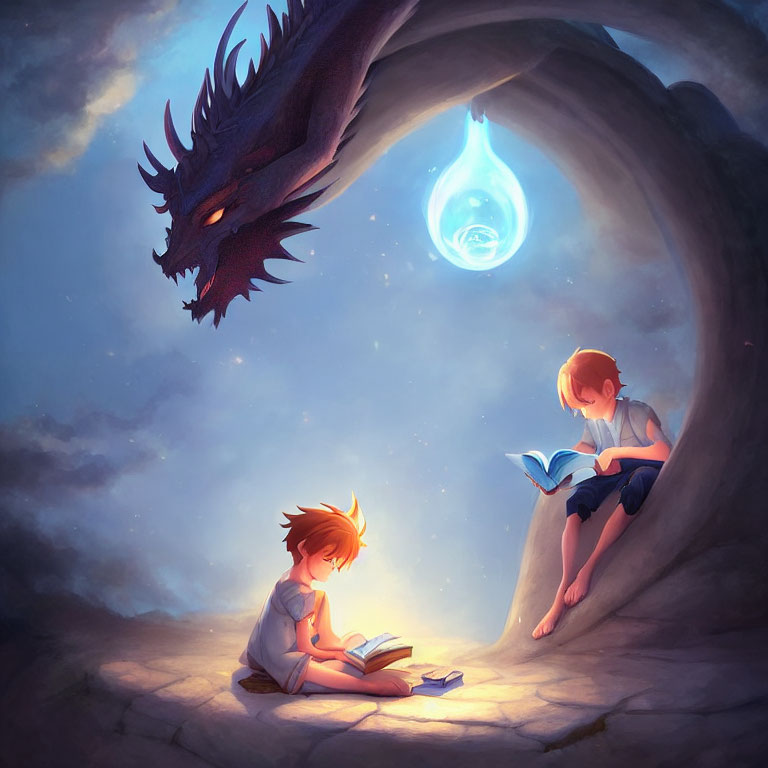 Children reading in a cave with friendly dragon and magical light