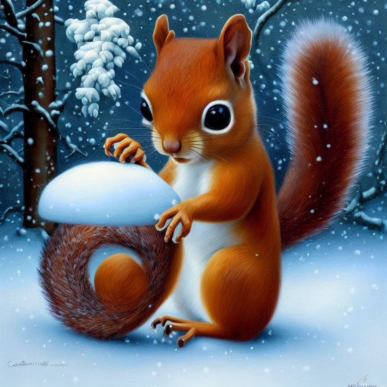 Red squirrel with snowball in snowy scene