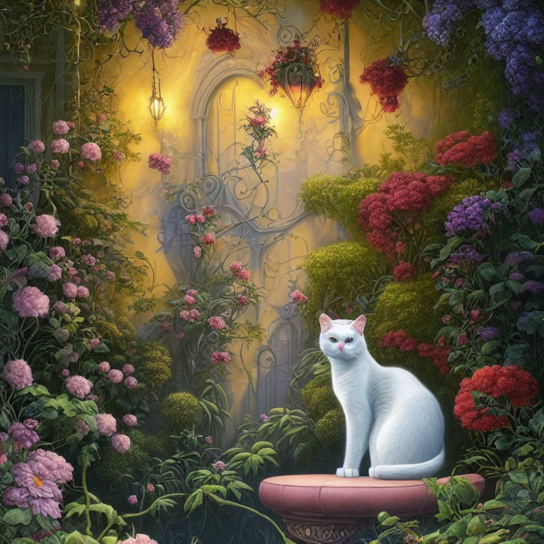 White Cat Sitting on Cushion in Vibrant Garden with Flowers and Ivy Walls