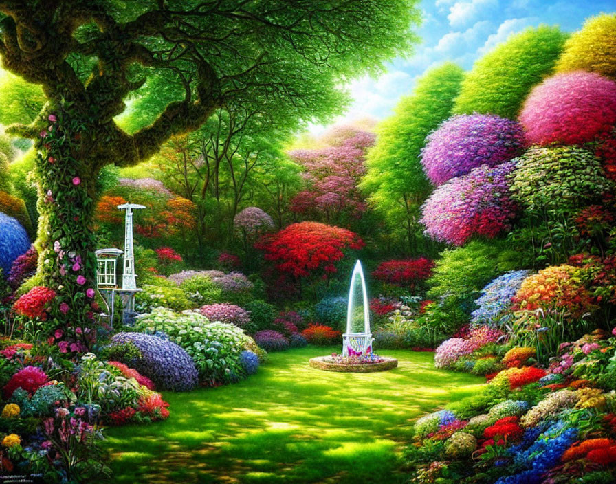 Colorful Flower Garden with Central Fountain under Sunlight