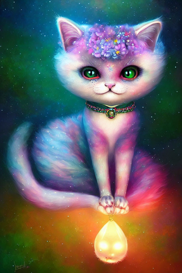 Vibrant fantasy cat illustration with flower crown and glowing pendant