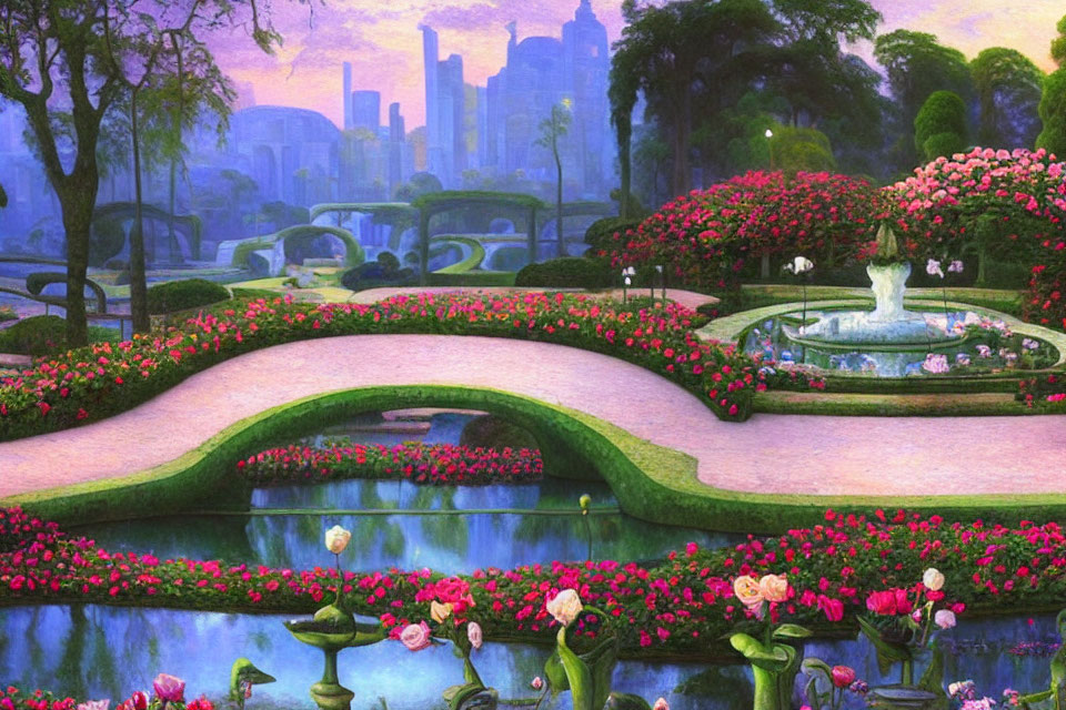 Lush Pink Flower Garden with Fountain and Twilight Skyline