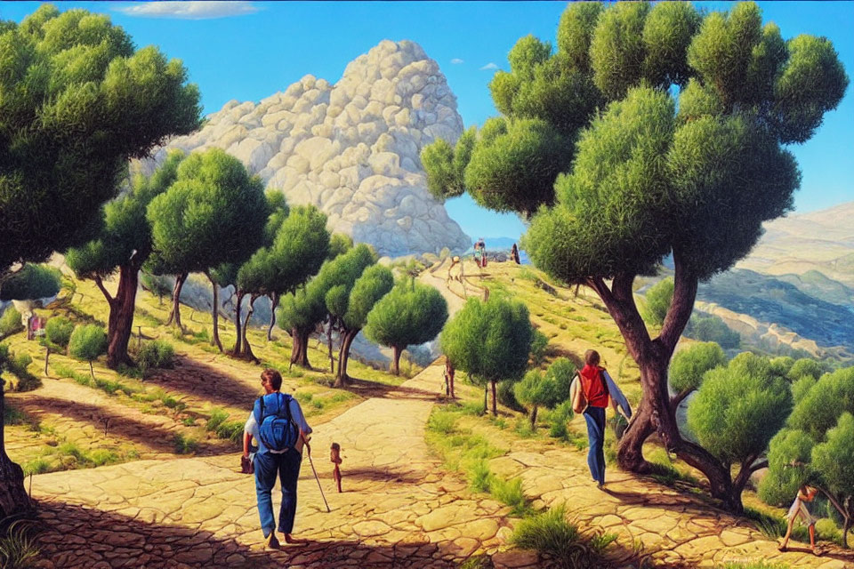 Hikers on scenic trail with lush green trees and billowing clouds