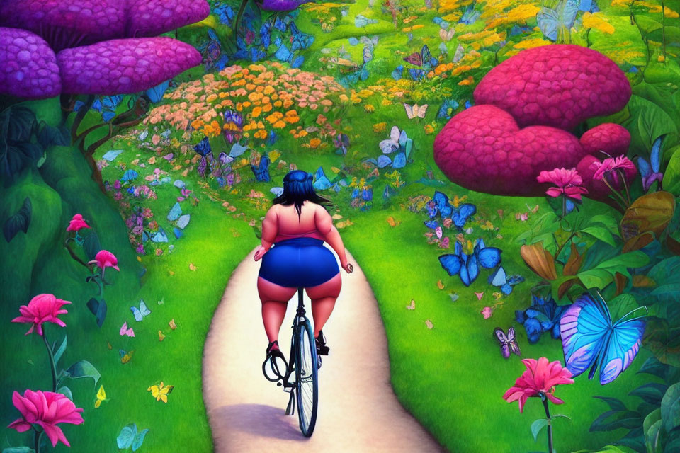 Colorful Garden Scene with Person Biking Amid Mushrooms and Butterflies