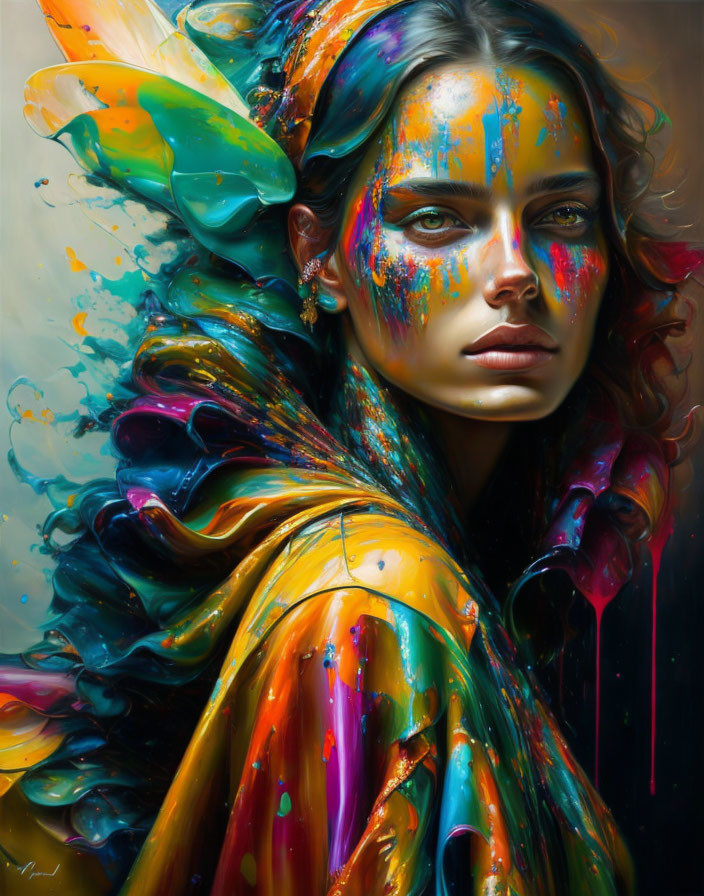 Colorful paint splashes adorn woman's portrait for dynamic effect