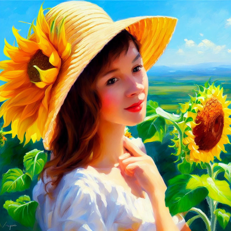 Smiling woman in straw hat with sunflower in sunflower field