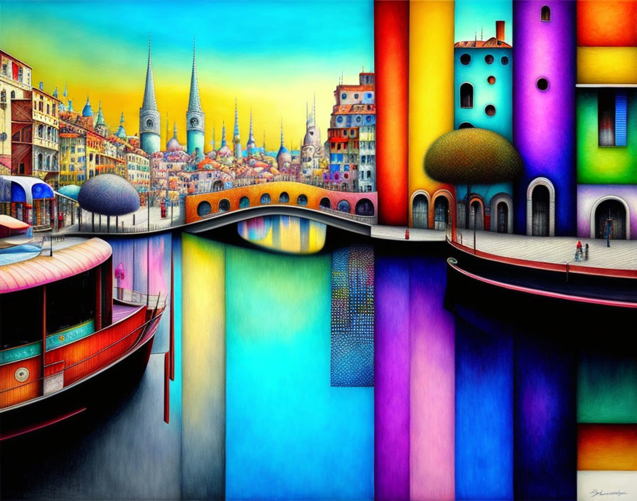 Colorful cityscape painting with river, bridge, boat & whimsical buildings