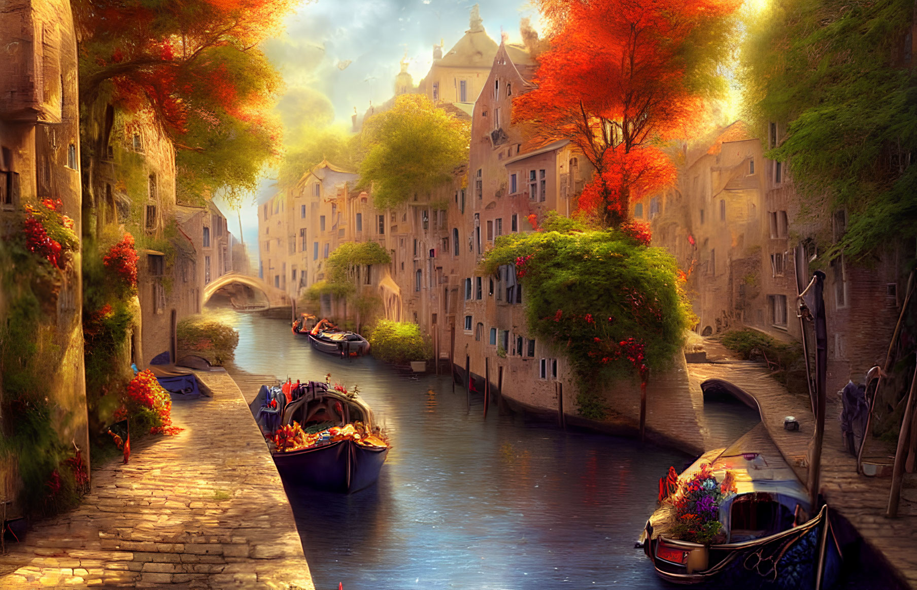 Scenic canal with boats, European buildings, autumn foliage, and stone walkways.