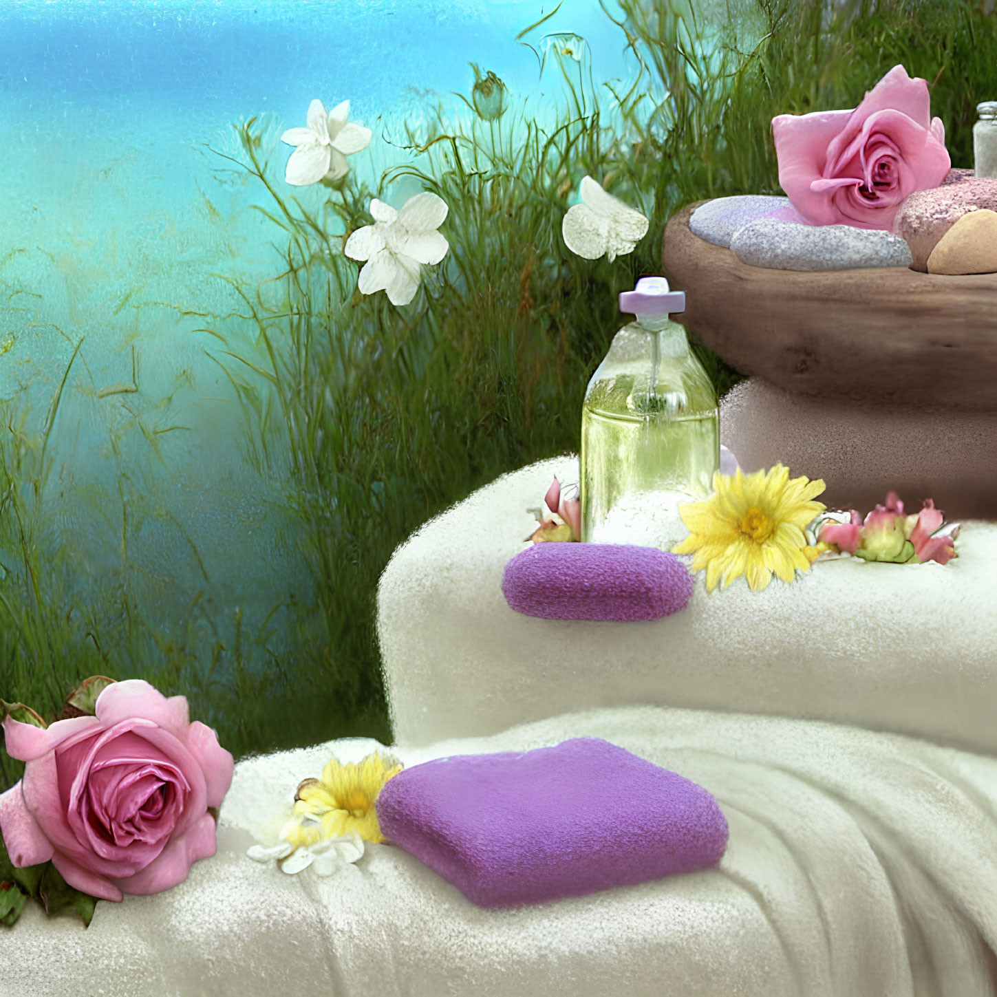 Tranquil Spa Setting with Towels, Flowers, Bath Salts, and Essential Oils