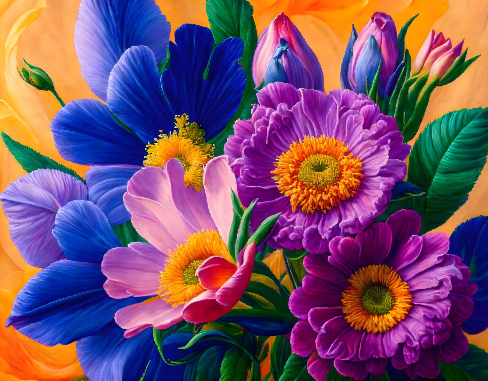 Colorful floral painting featuring blue and purple flowers on fiery orange backdrop