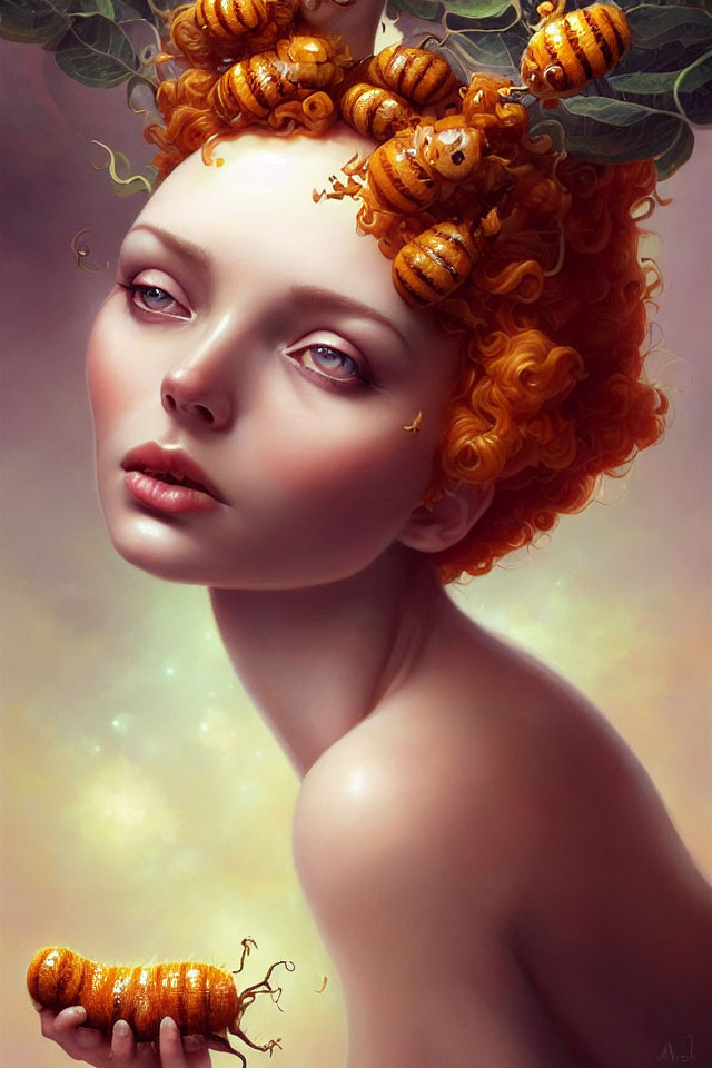 Portrait of Woman with Curly Red Hair and Honey Bees in Mystical Setting