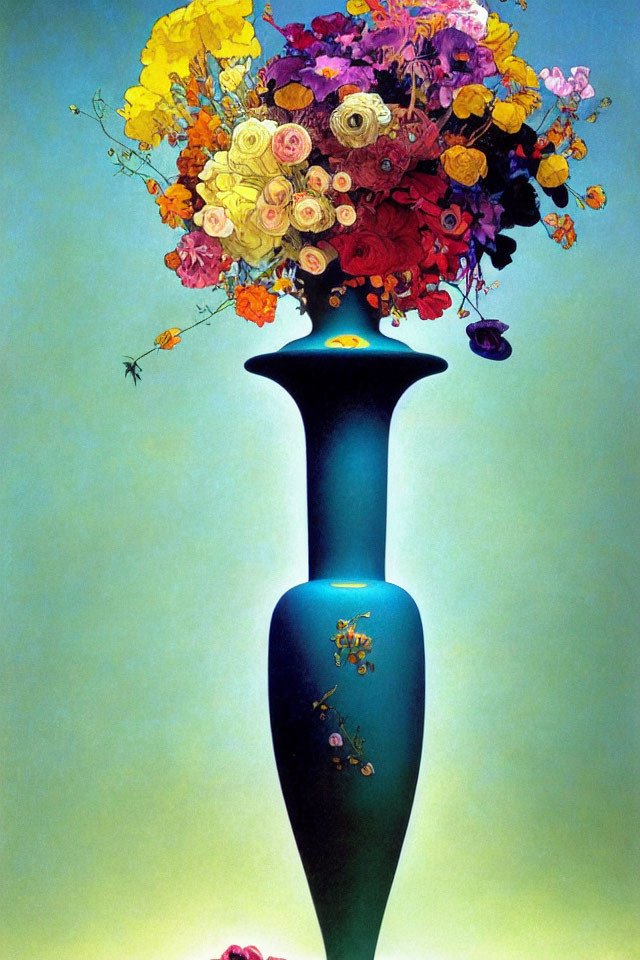 Colorful Flower Bouquet in Blue Vase with Insects on Light Blue Background