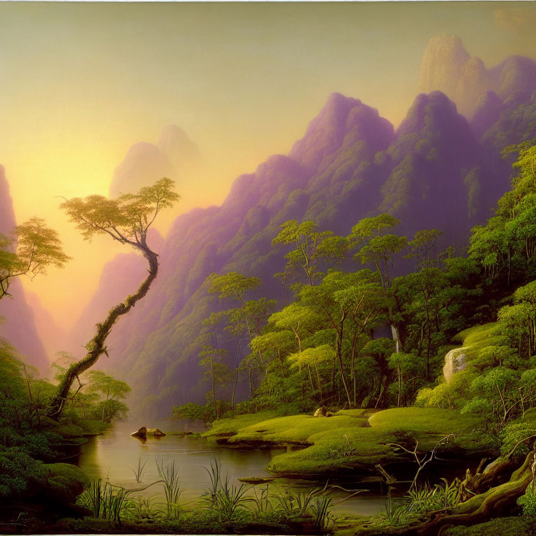 Tranquil landscape painting of lush forest, river, misty mountains, and golden light