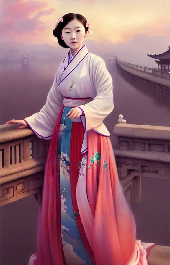 Traditional Asian Attire Woman on Bridge at Dusk