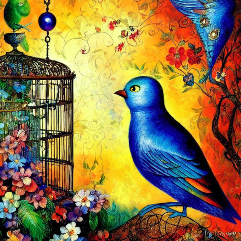 Colorful artwork: blue bird, open cage, floral background, whimsical tree