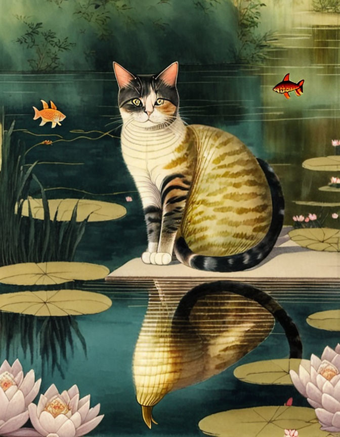 Cat with reflection on water surface surrounded by lily pads and colorful fish