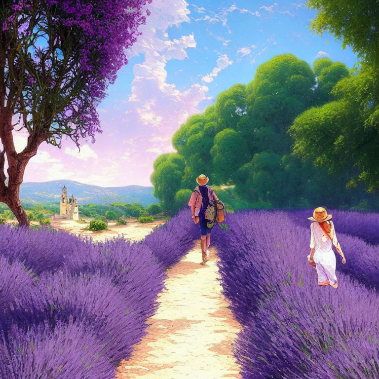 Vibrant lavender field with two people walking, green trees, distant village, blue sky