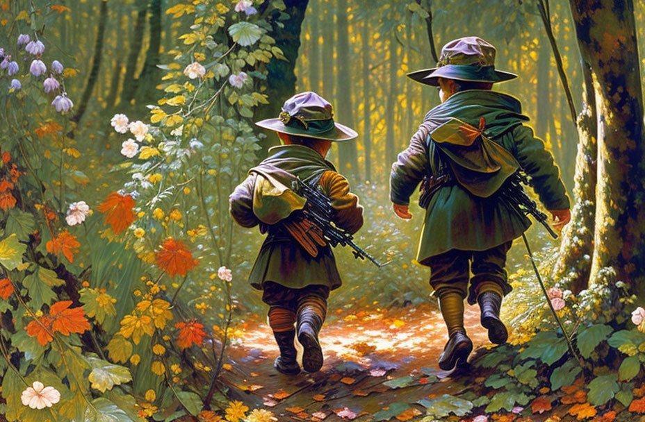 Children in soldier costumes exploring sunny forest with flowers.