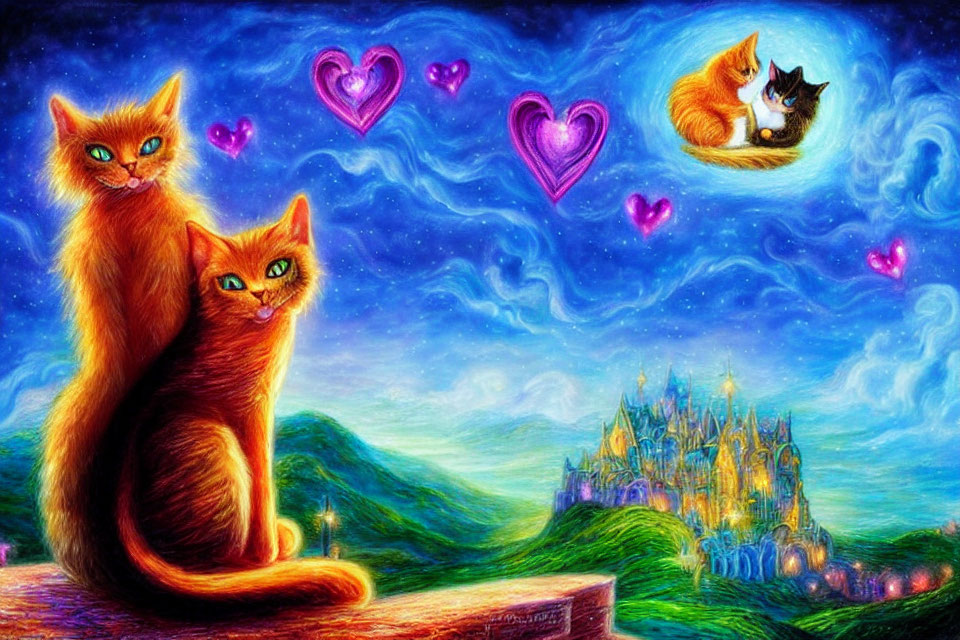 Fantasy illustration of two orange cats, castle, hearts, night sky