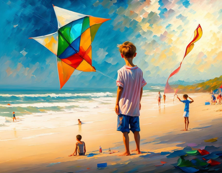 Colorful beach scene with people flying kites by the sea