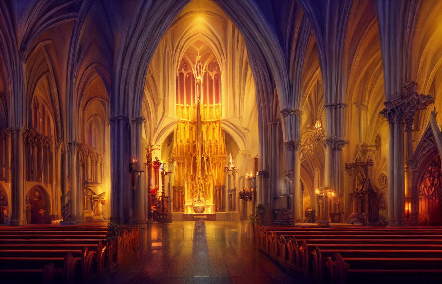 Gothic Cathedral Interior with Arches and Stained Glass