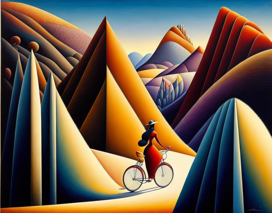 Geometric hills and stylized figure on a bicycle in surreal landscape