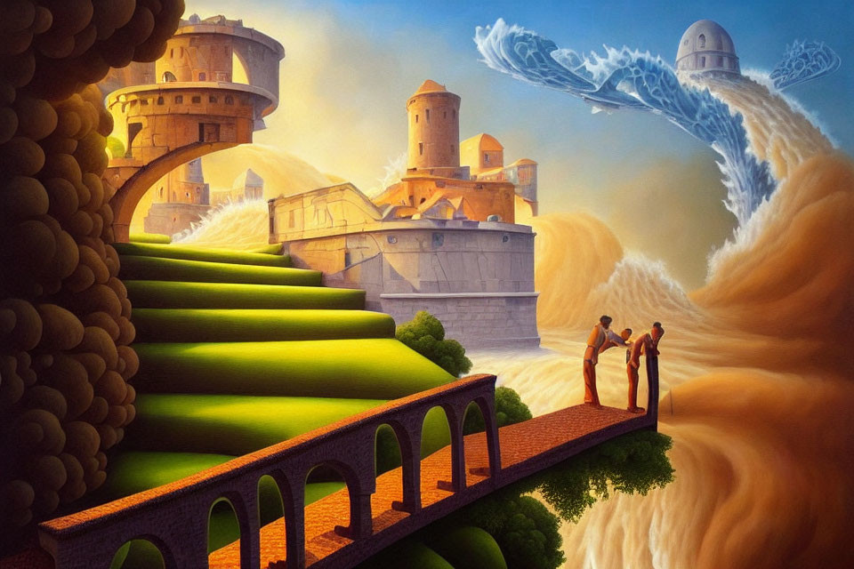 Surreal landscape with bridge, green hills, and fantastical castles