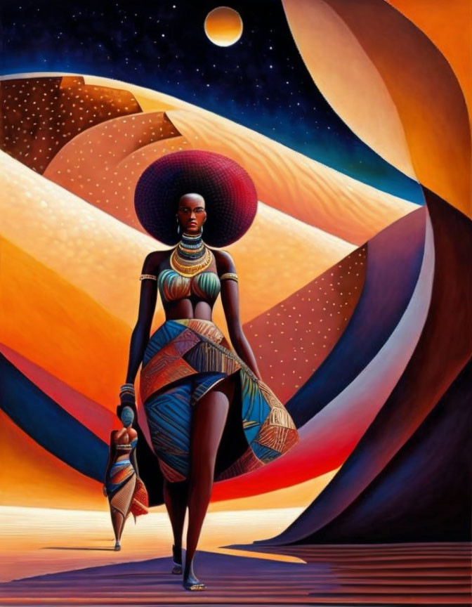 Stylized painting of woman in elaborate attire in surreal desert landscape