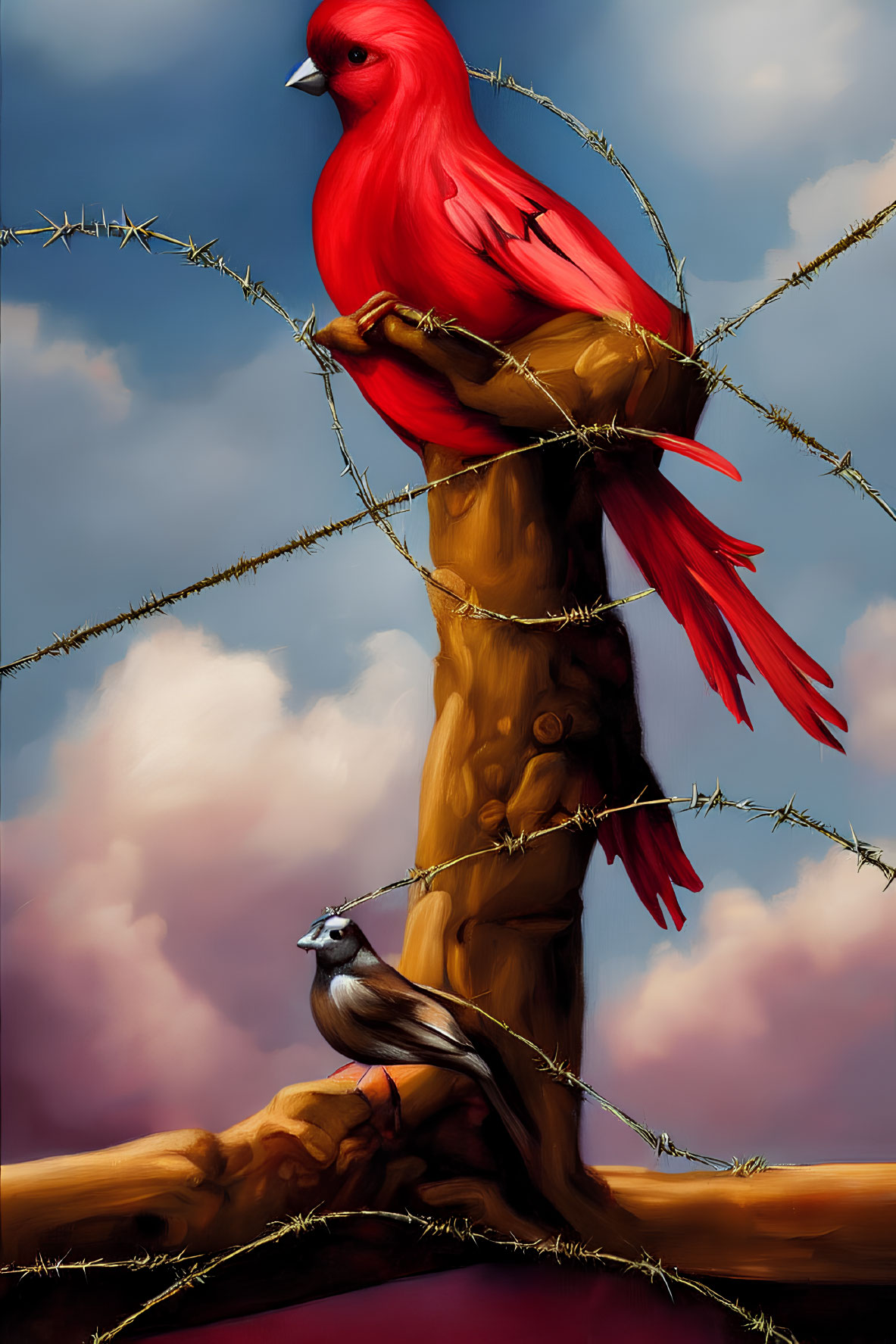 Red bird and smaller bird on barbed wire post under cloudy sky