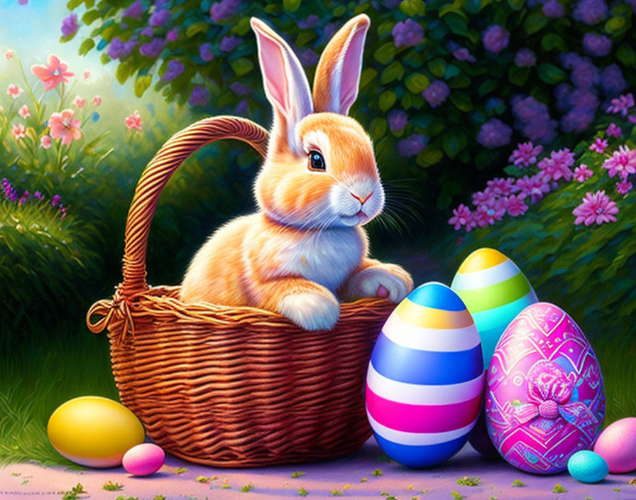 Colorful Easter Rabbit in Wicker Basket with Painted Eggs