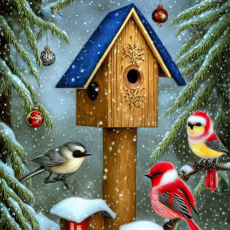 Winter birdhouse scene with vibrant birds in snowfall