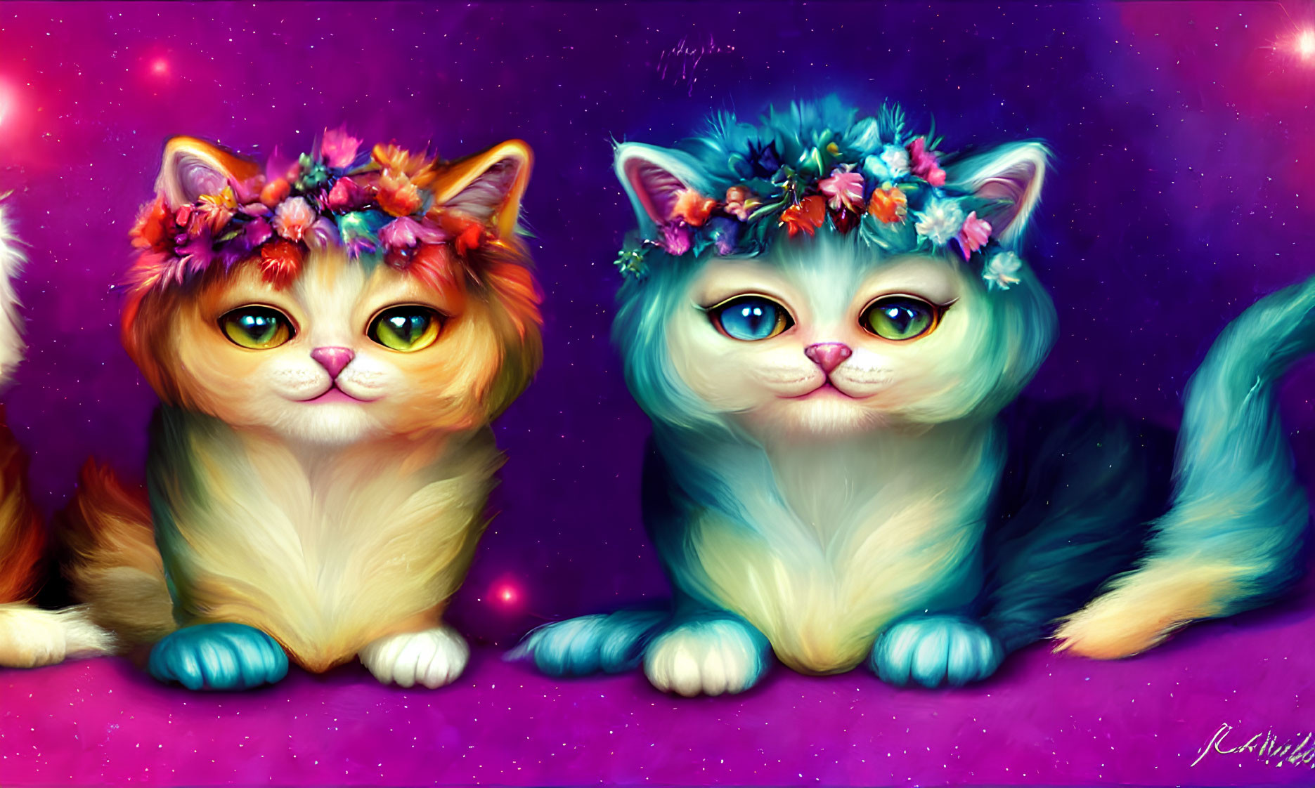 Colorful Cats with Flower Crowns on Starry Background