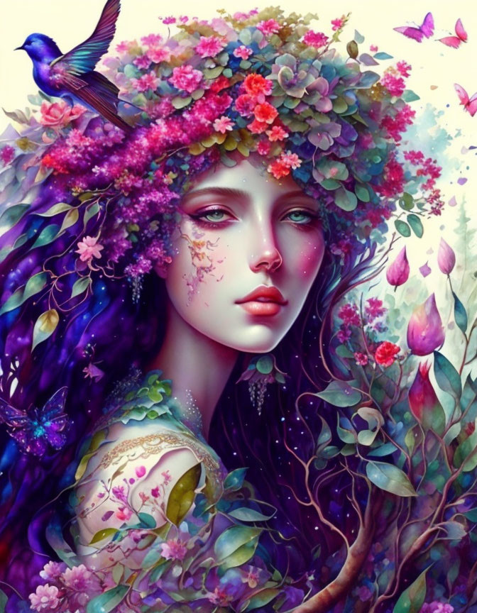 Fantasy illustration of woman with purple hair, floral headdress, bluebird, and foliage