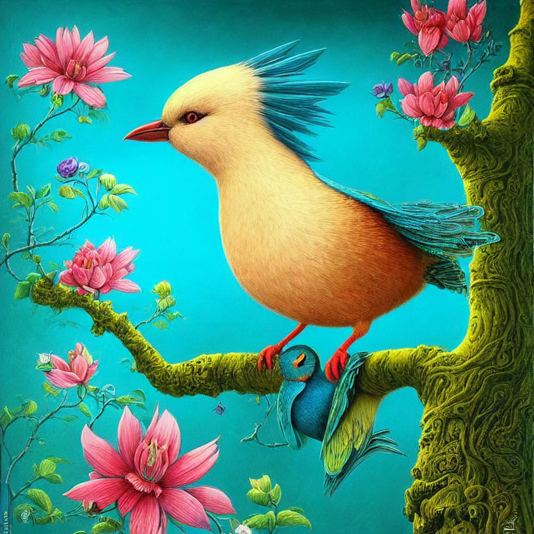 Colorful Illustration of Fluffy Yellow Bird with Blue Bird and Pink Blossoms